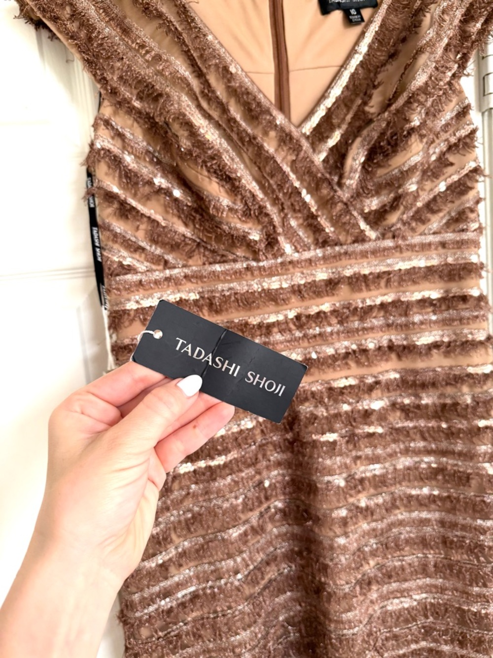 Tadashi Shoji Thora Silken Fringe Dress NWT Brown Tan Gold Midi Length 10 - Picture 6 of 10